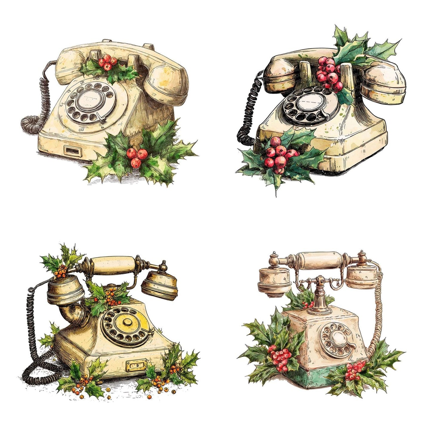 Christmas Watercolour Retro Telephone Clipart Set (DDD004948)