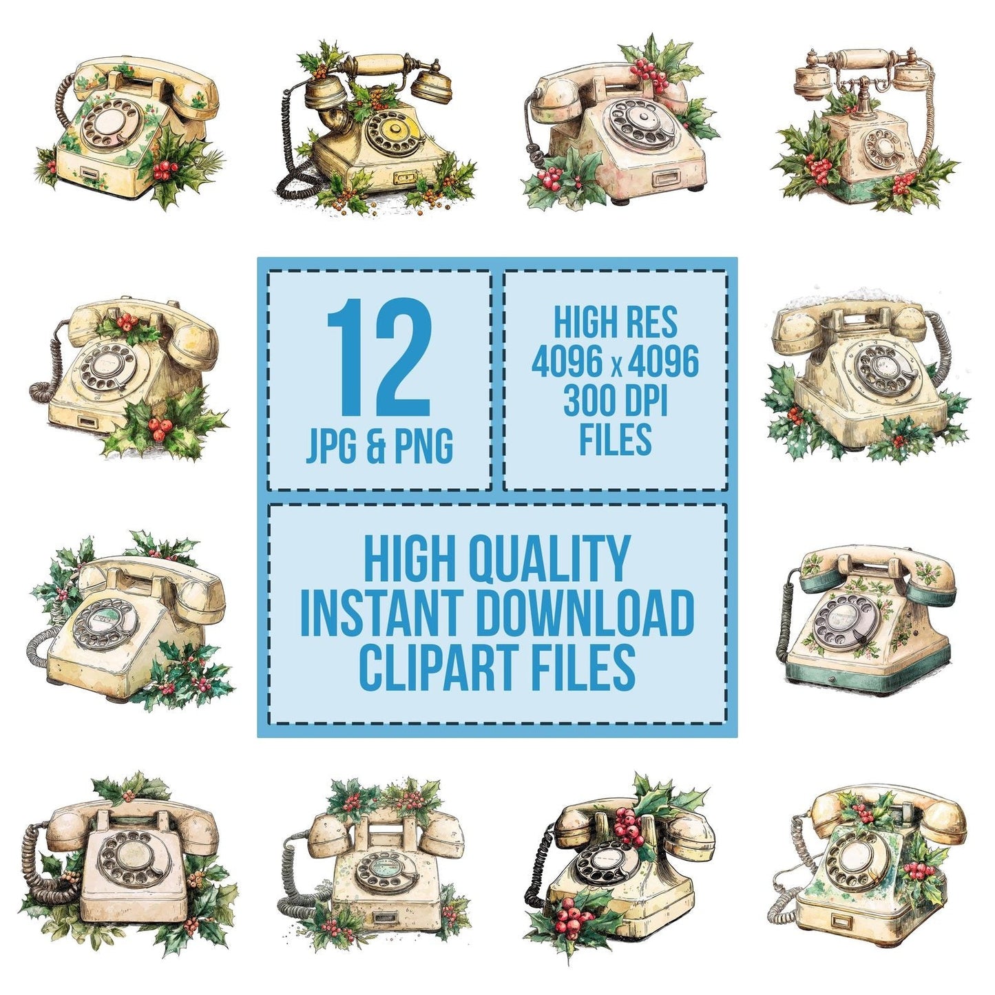 Christmas Watercolour Retro Telephone Clipart Set (DDD004948)