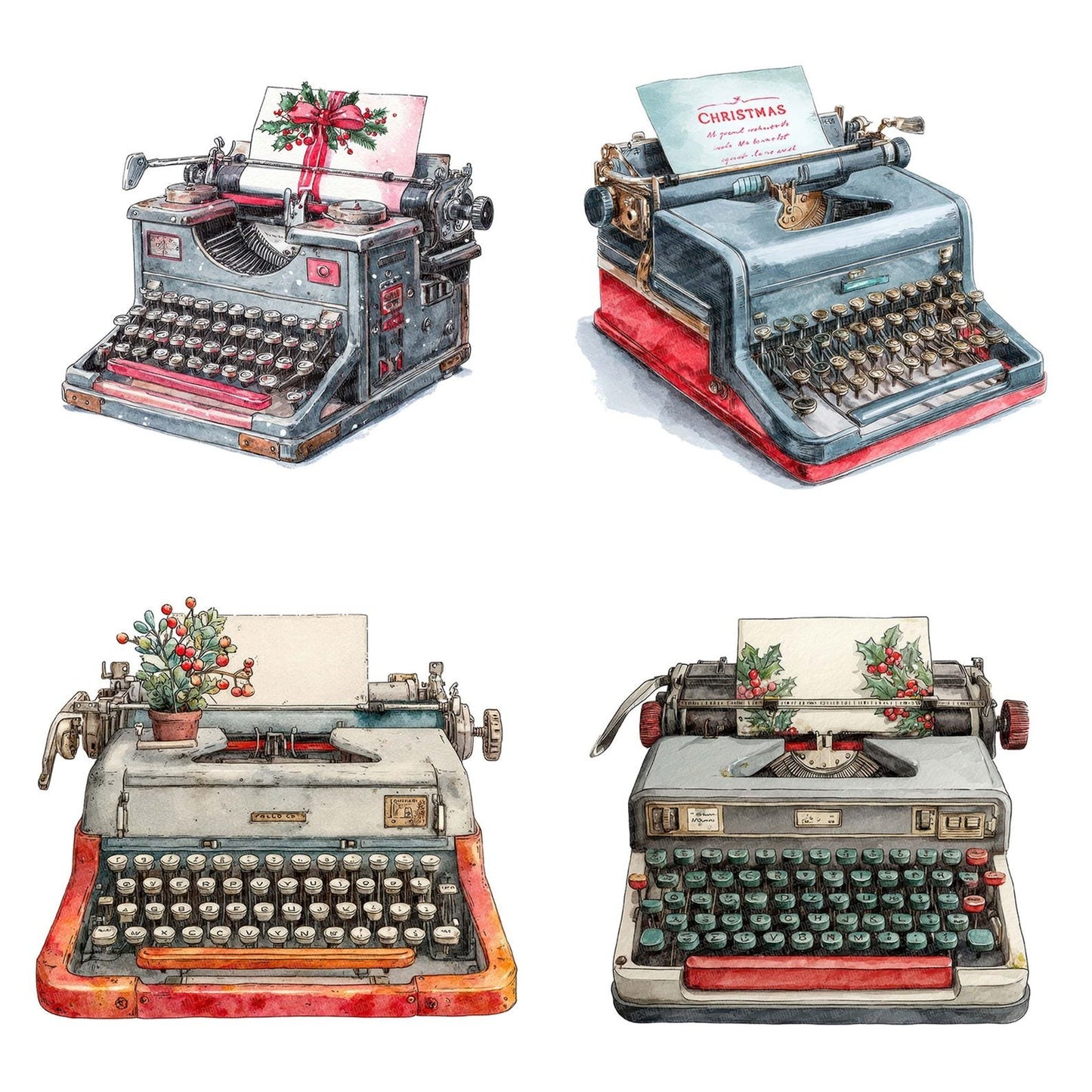 Christmas Watercolour Retro Typewriter Clipart Set (DDD004950)