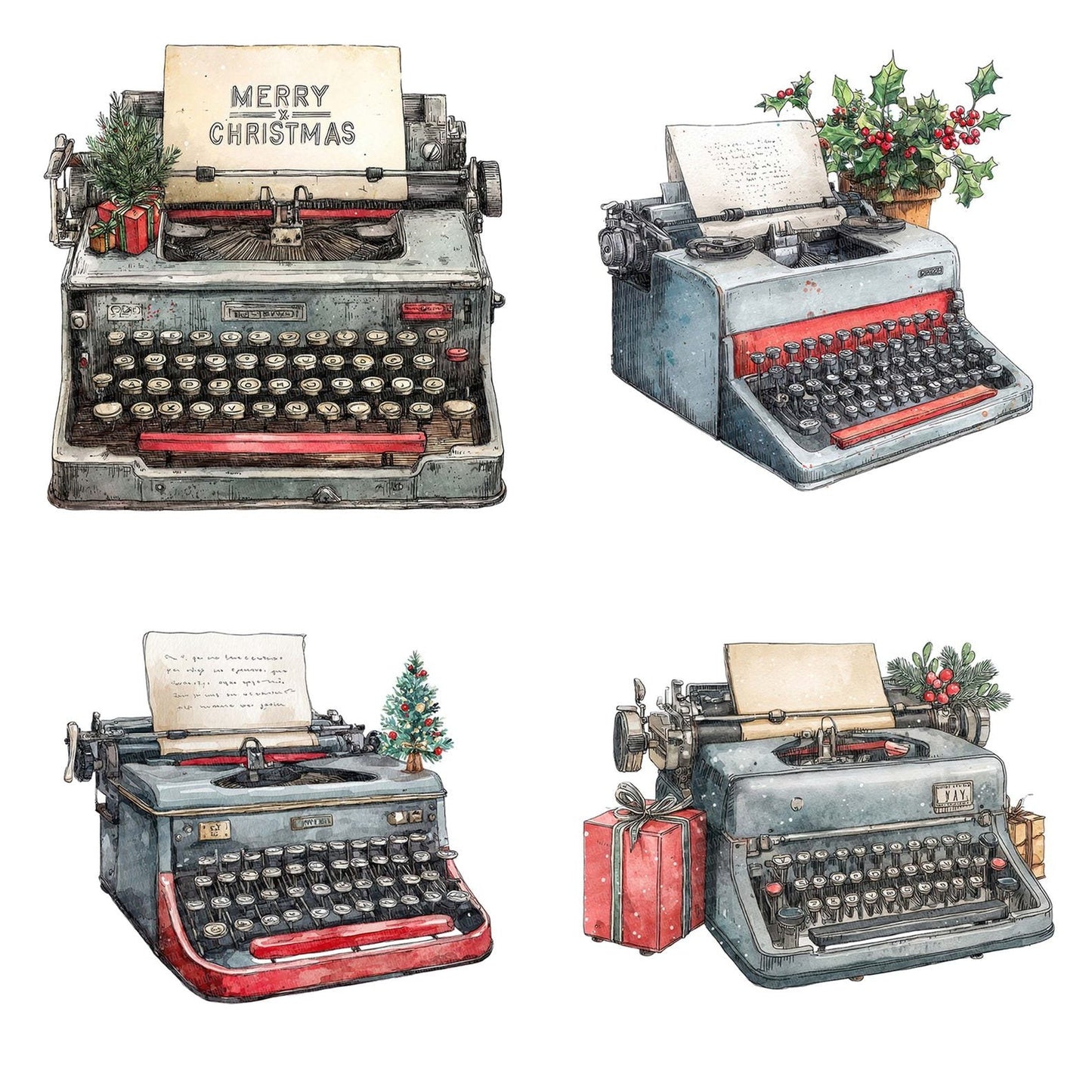 Christmas Watercolour Retro Typewriter Clipart Set (DDD004950)