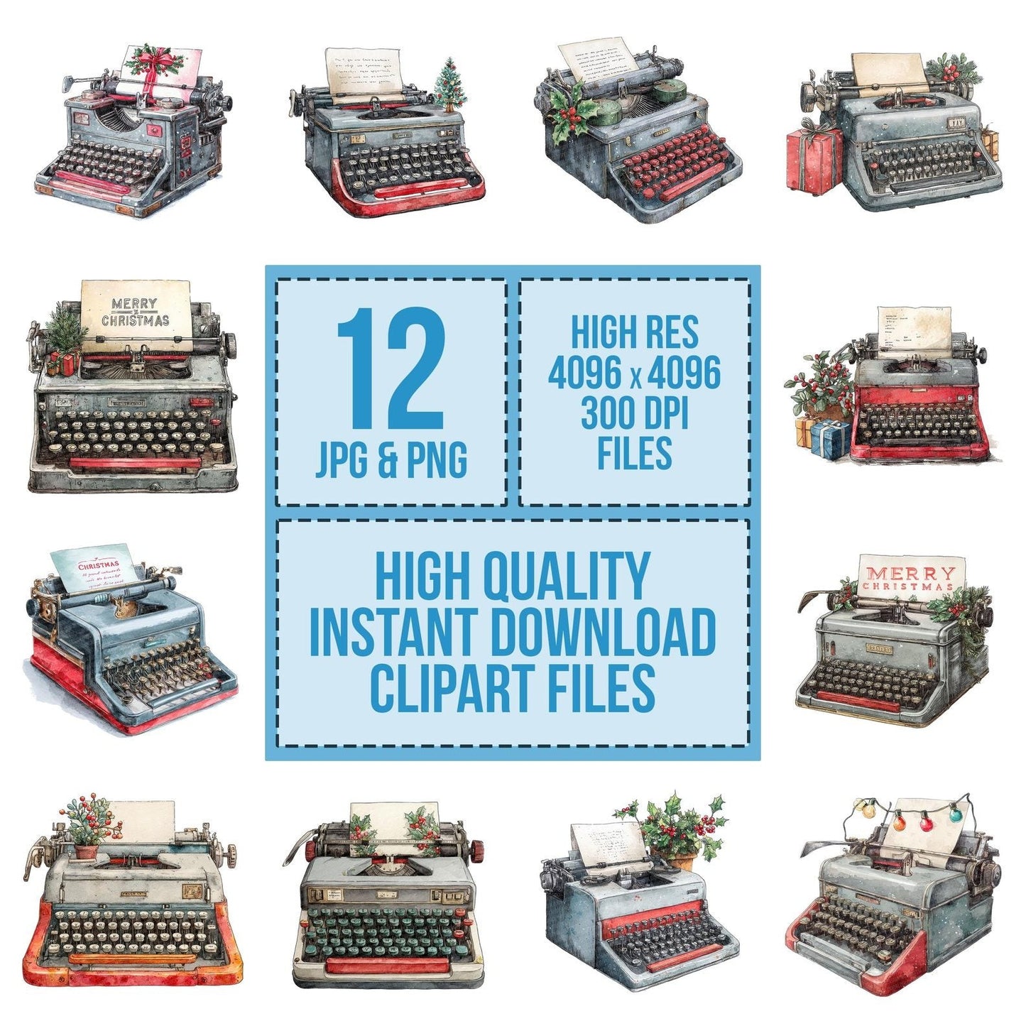 Christmas Watercolour Retro Typewriter Clipart Set (DDD004950)