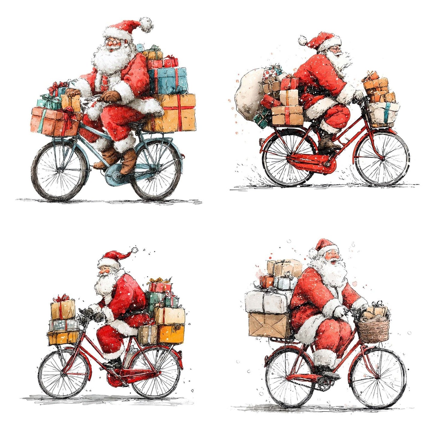 Christmas Watercolour Santa Bicycle Clipart Set (DDD004953)