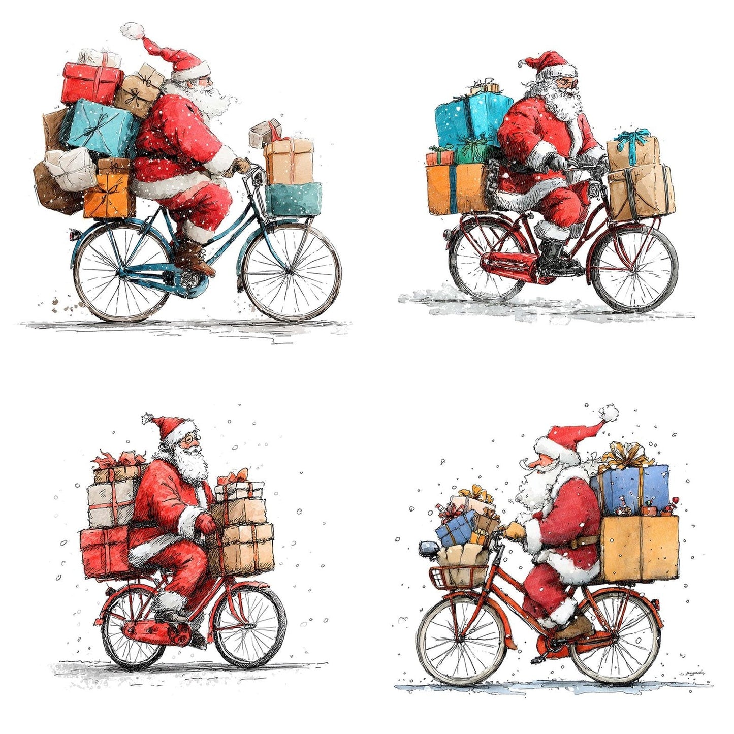 Christmas Watercolour Santa Bicycle Clipart Set (DDD004953)