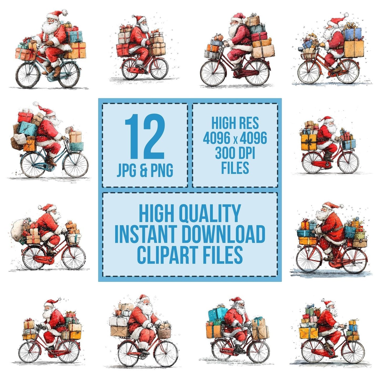 Christmas Watercolour Santa Bicycle Clipart Set (DDD004953)