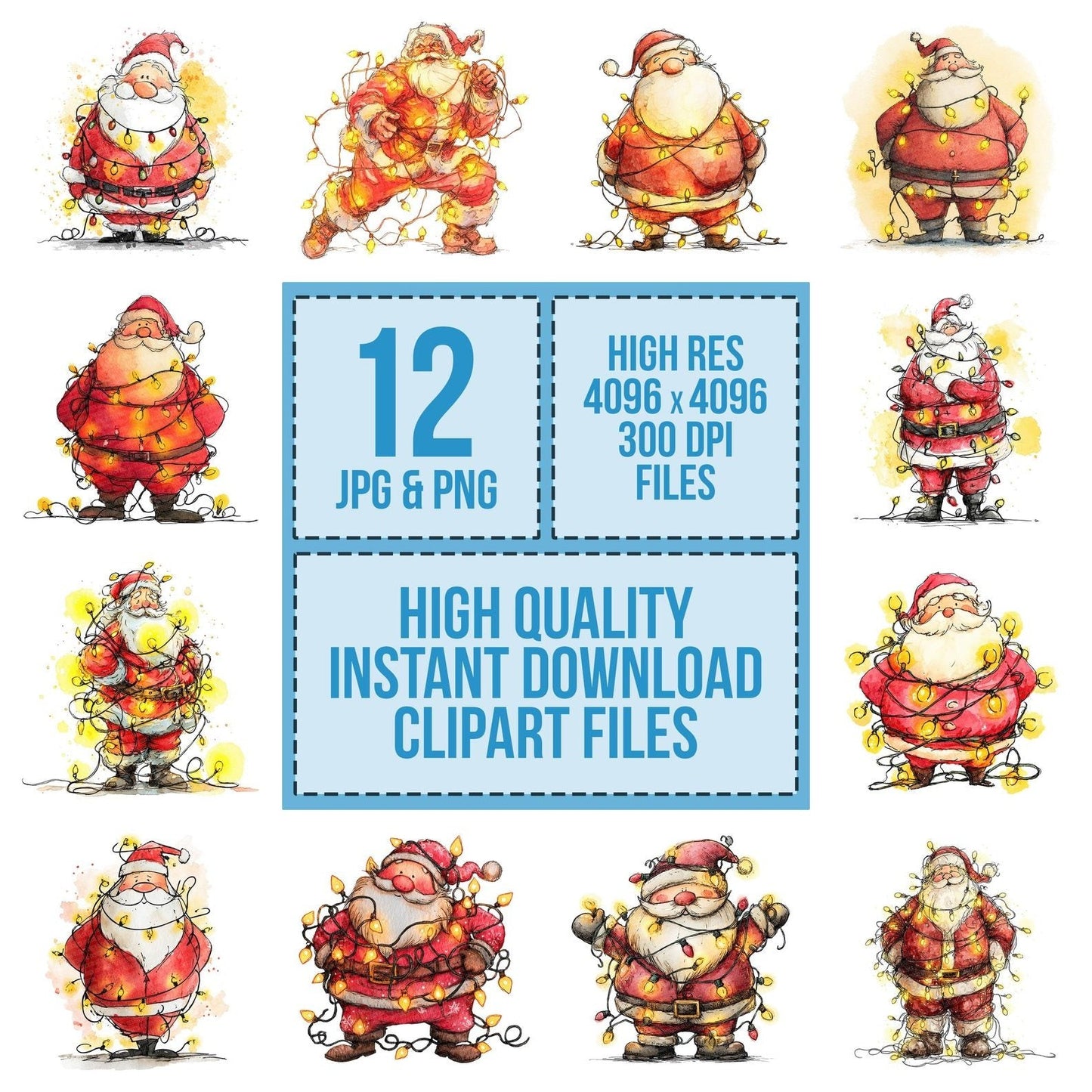 Christmas Watercolour Santa Lights Clipart Set (DDD004955)