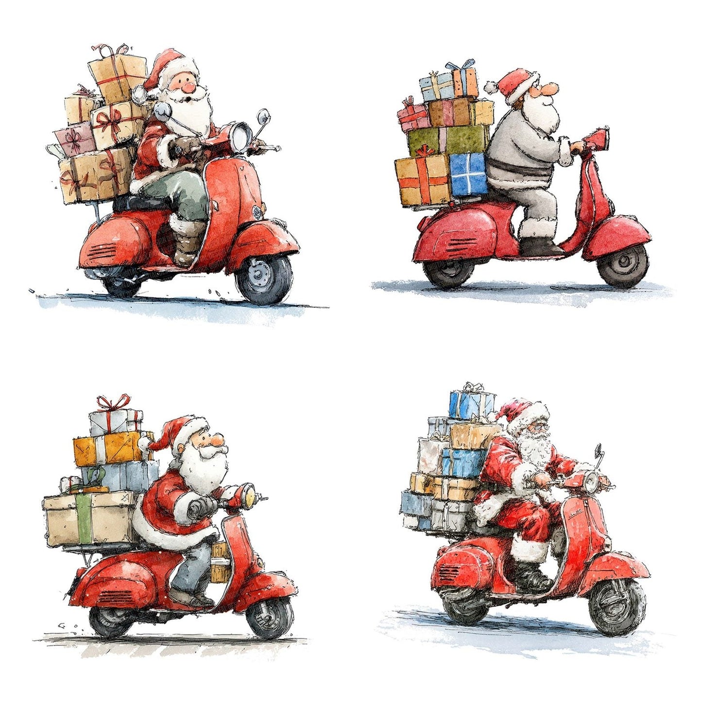 Christmas Watercolour Santa Scooter Clipart Set (DDD004957)