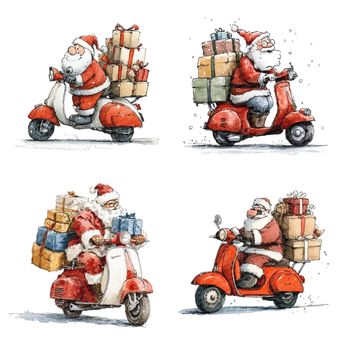 Christmas Watercolour Santa Scooter Clipart Set (DDD004957)