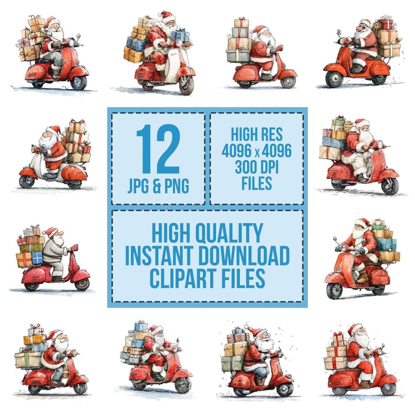 Christmas Watercolour Santa Scooter Clipart Set (DDD004957)