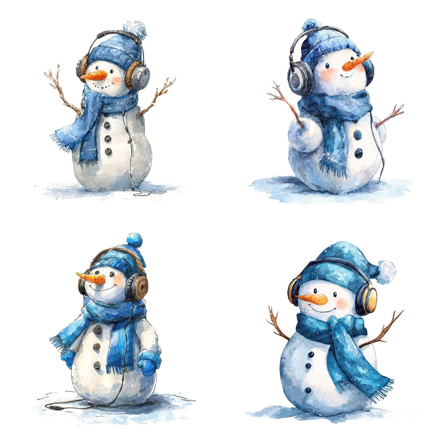 Christmas Watercolour Snowman Headphones Clipart Set (DDD004963)
