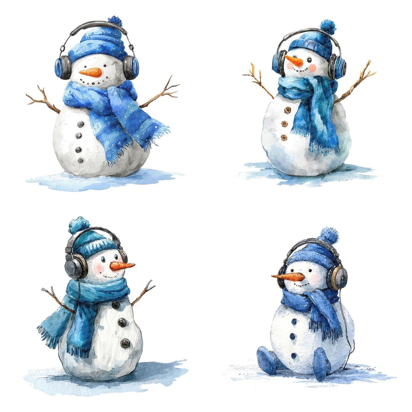Christmas Watercolour Snowman Headphones Clipart Set (DDD004963)