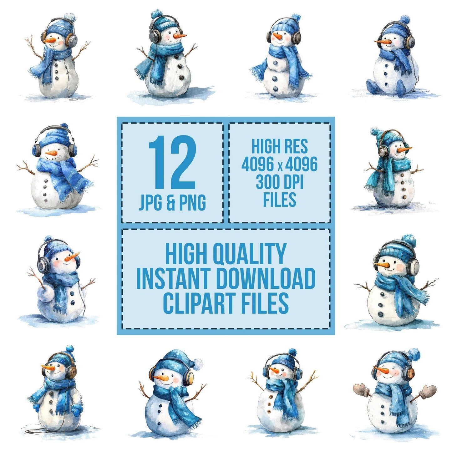 Christmas Watercolour Snowman Headphones Clipart Set (DDD004963)