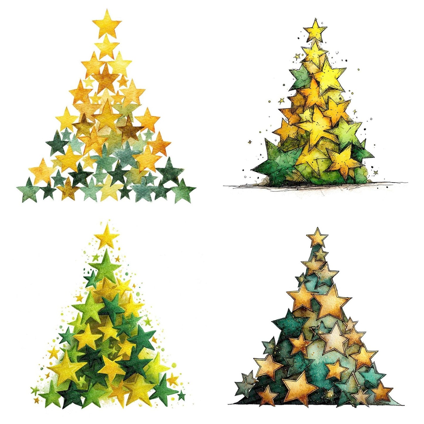 Christmas Watercolour Star Tree Clipart Set (DDD004968)