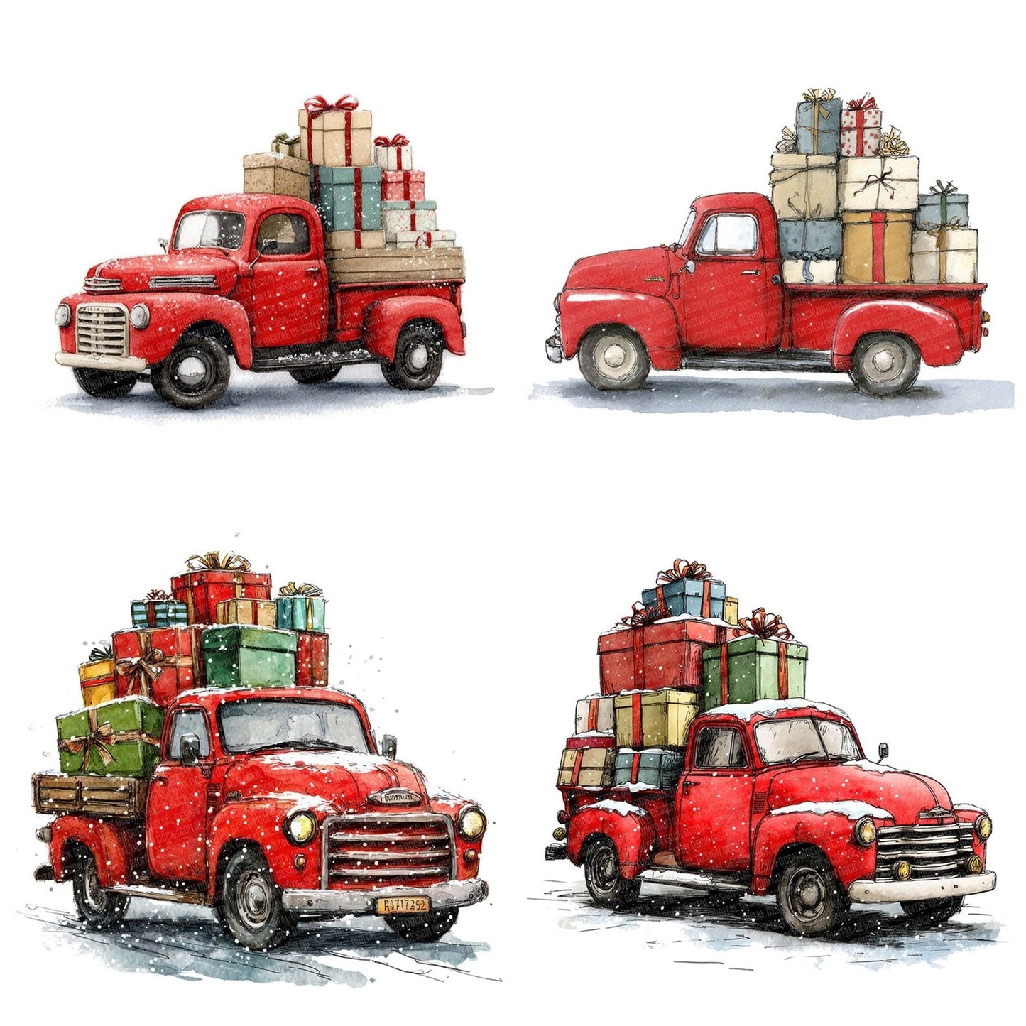 Christmas Watercolour Truck Presents Clipart Set (DDD004970)