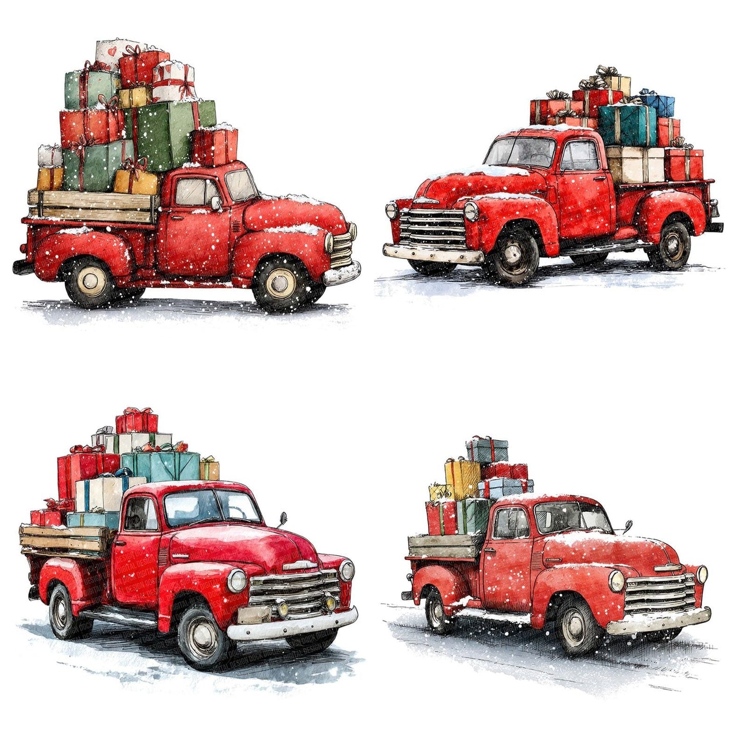 Christmas Watercolour Truck Presents Clipart Set (DDD004970)