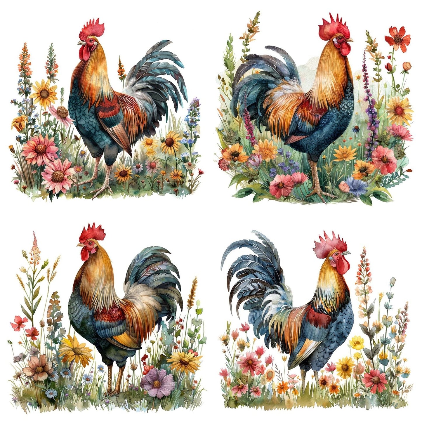 Cockerel in Wildflowers Clipart Set (DDD004986)
