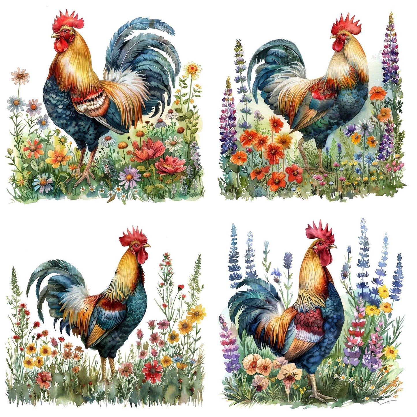 Cockerel in Wildflowers Clipart Set (DDD004986)