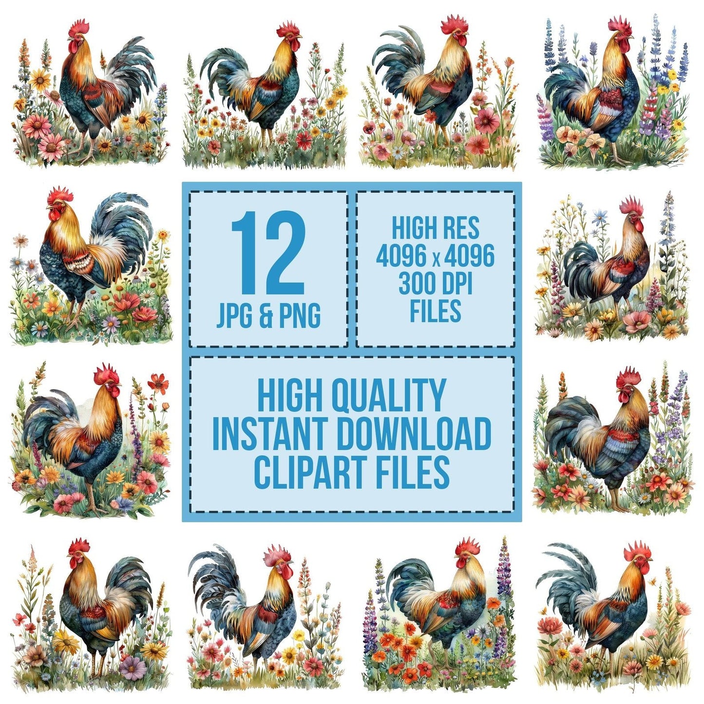 Cockerel in Wildflowers Clipart Set (DDD004986)