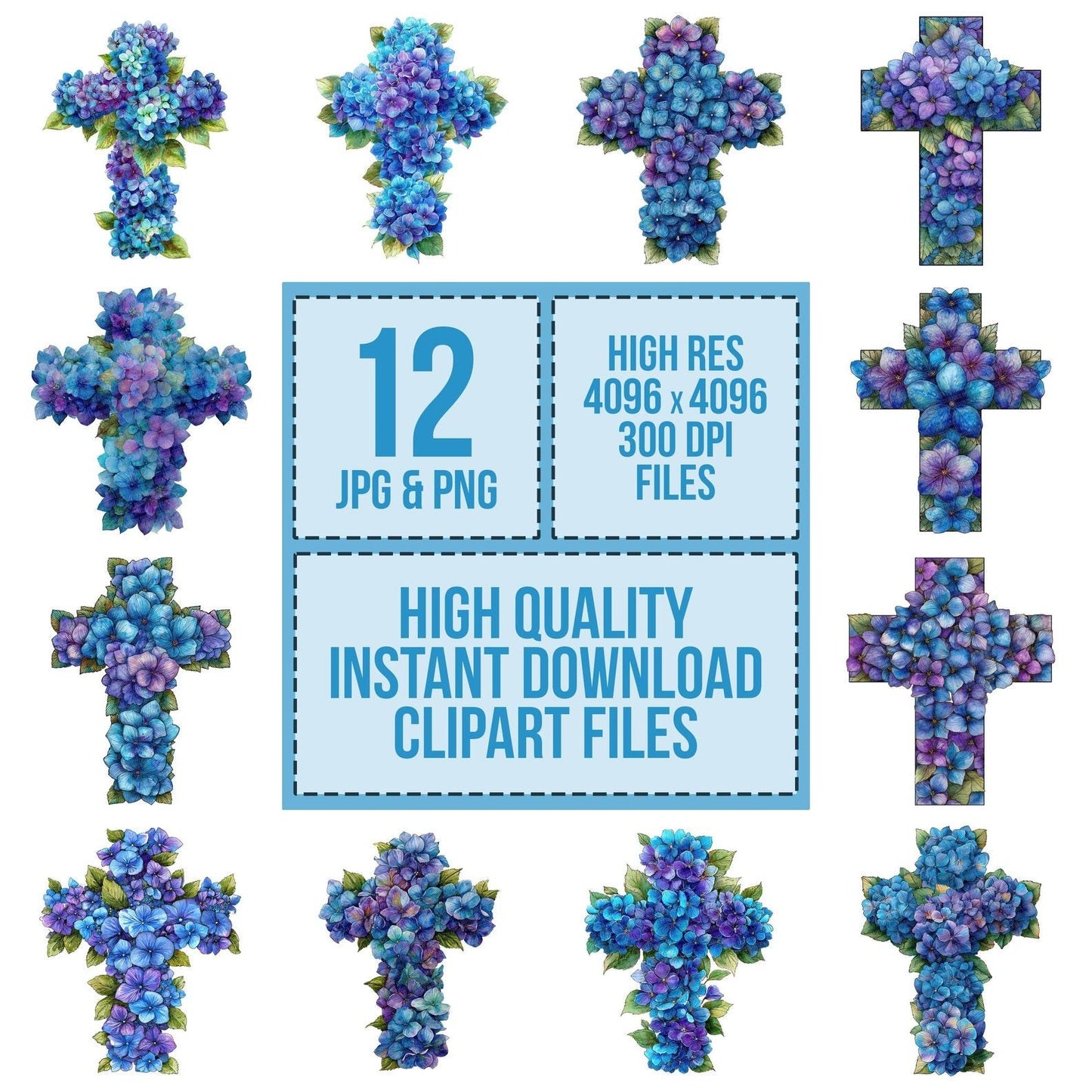 Cross with Blue Hydrangeas Clipart Set (DDD005034)