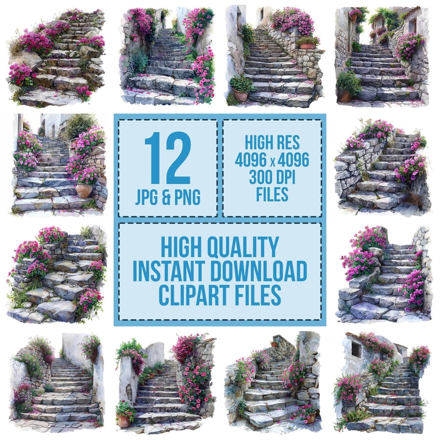 Cyclamen Flowers Stone Stairway Clipart Set (DDD005082)