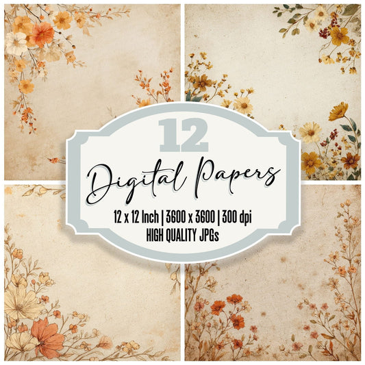 Cream Wildflower Border Background Digital Paper Pack (DDD000045)