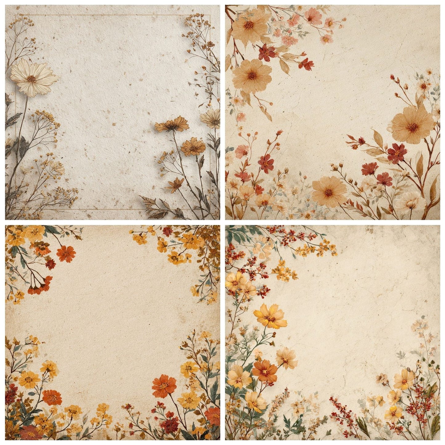 Cream Wildflower Border Background Digital Paper Pack (DDD000045)