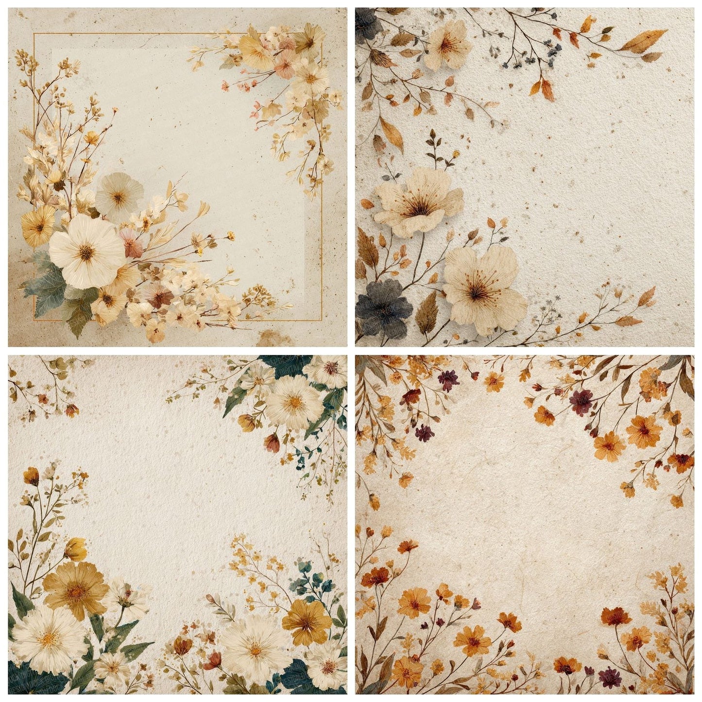 Cream Wildflower Border Background Digital Paper Pack (DDD000045)