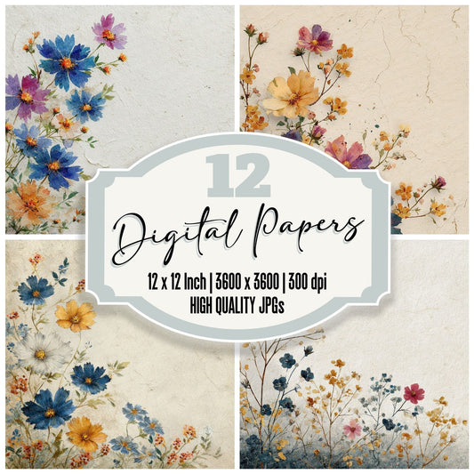 Cream Wildflower Corner Background Digital Paper Pack (DDD000046)