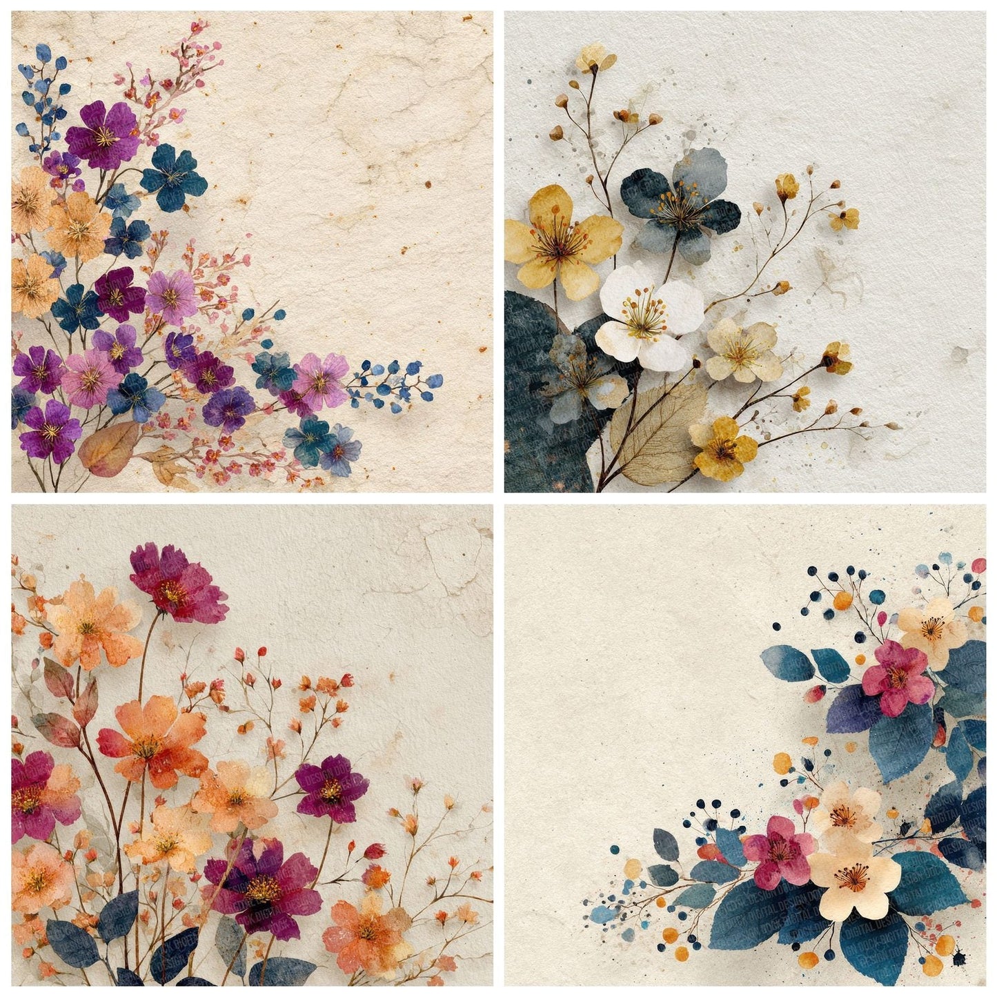Cream Wildflower Corner Background Digital Paper Pack (DDD000046)