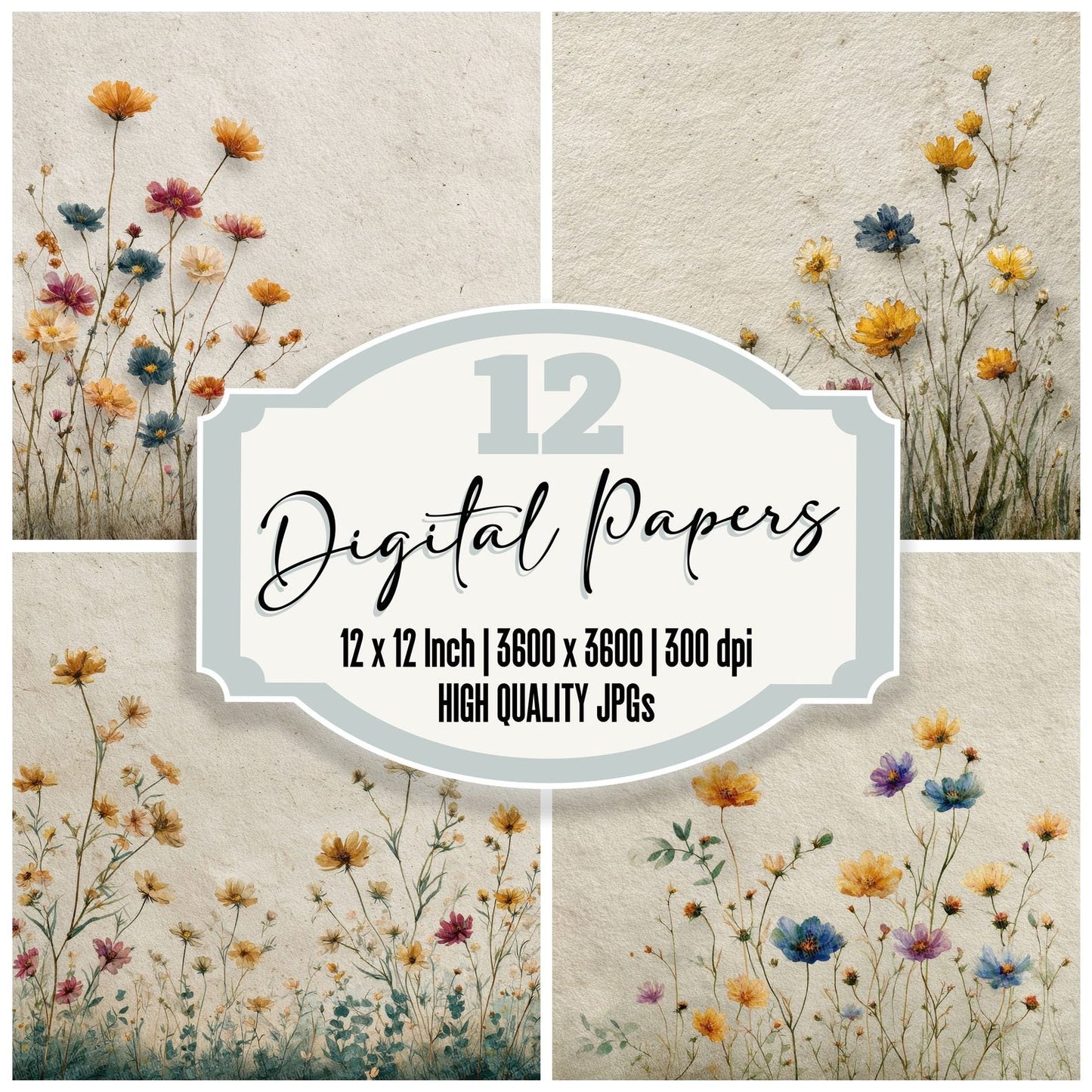 Cream Wildflower Rise Background Digital Paper Pack (DDD000047)