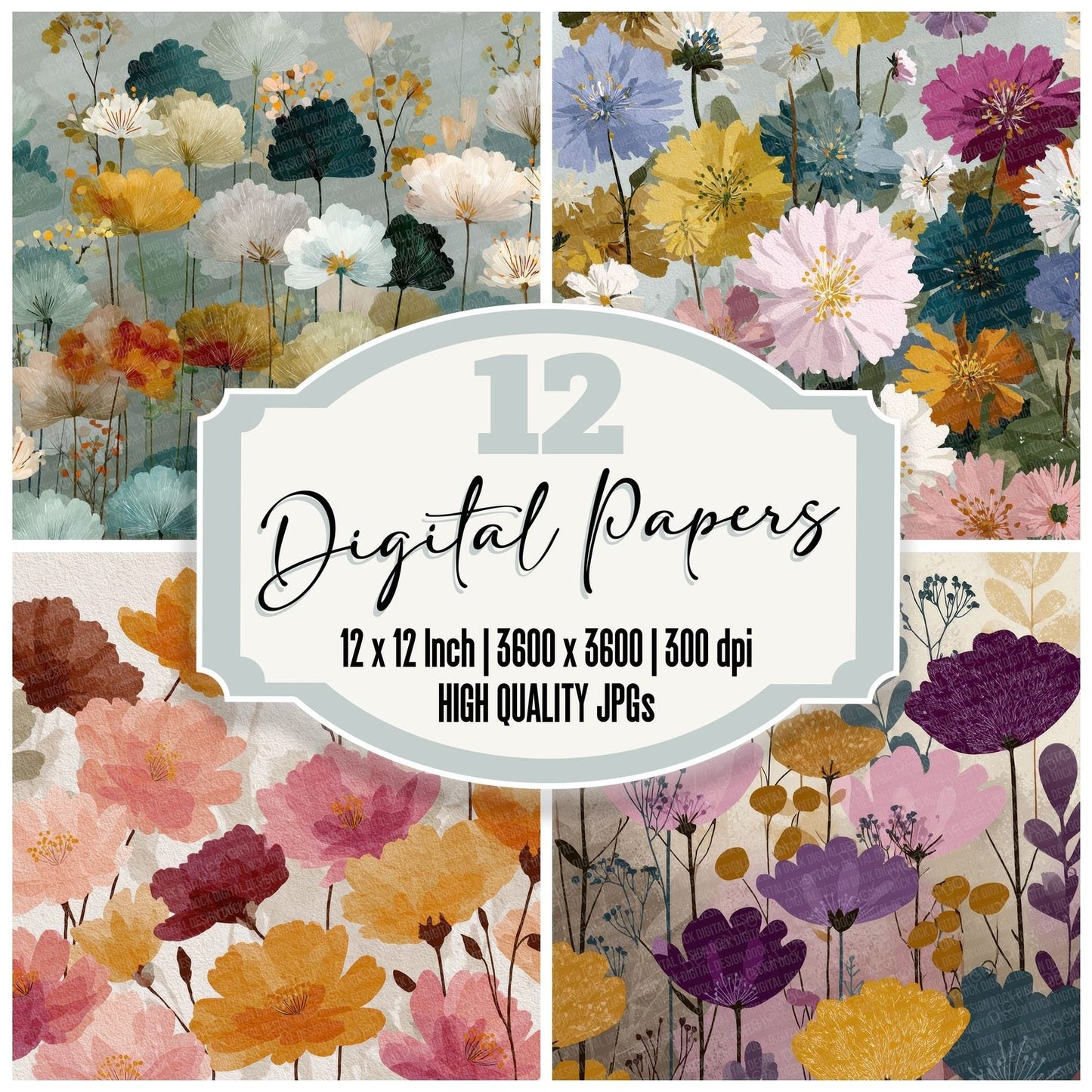 Wildflower Silhouette Background Digital Paper Pack (DDD000060)