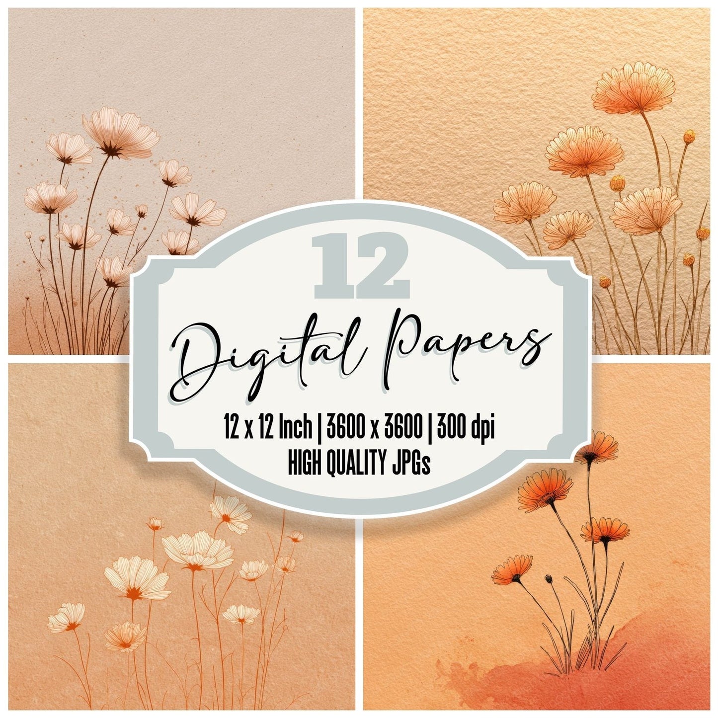 Apricot Chamomile Outline Background Digital Paper Pack (DDD000062)