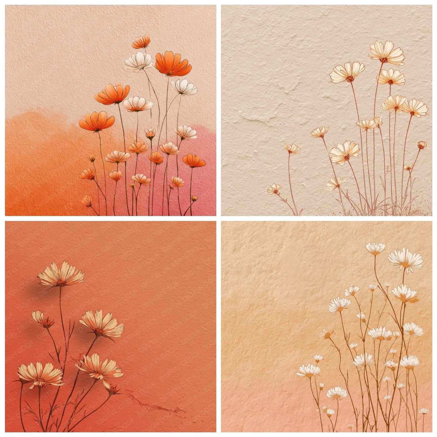 Apricot Chamomile Outline Background Digital Paper Pack (DDD000062)