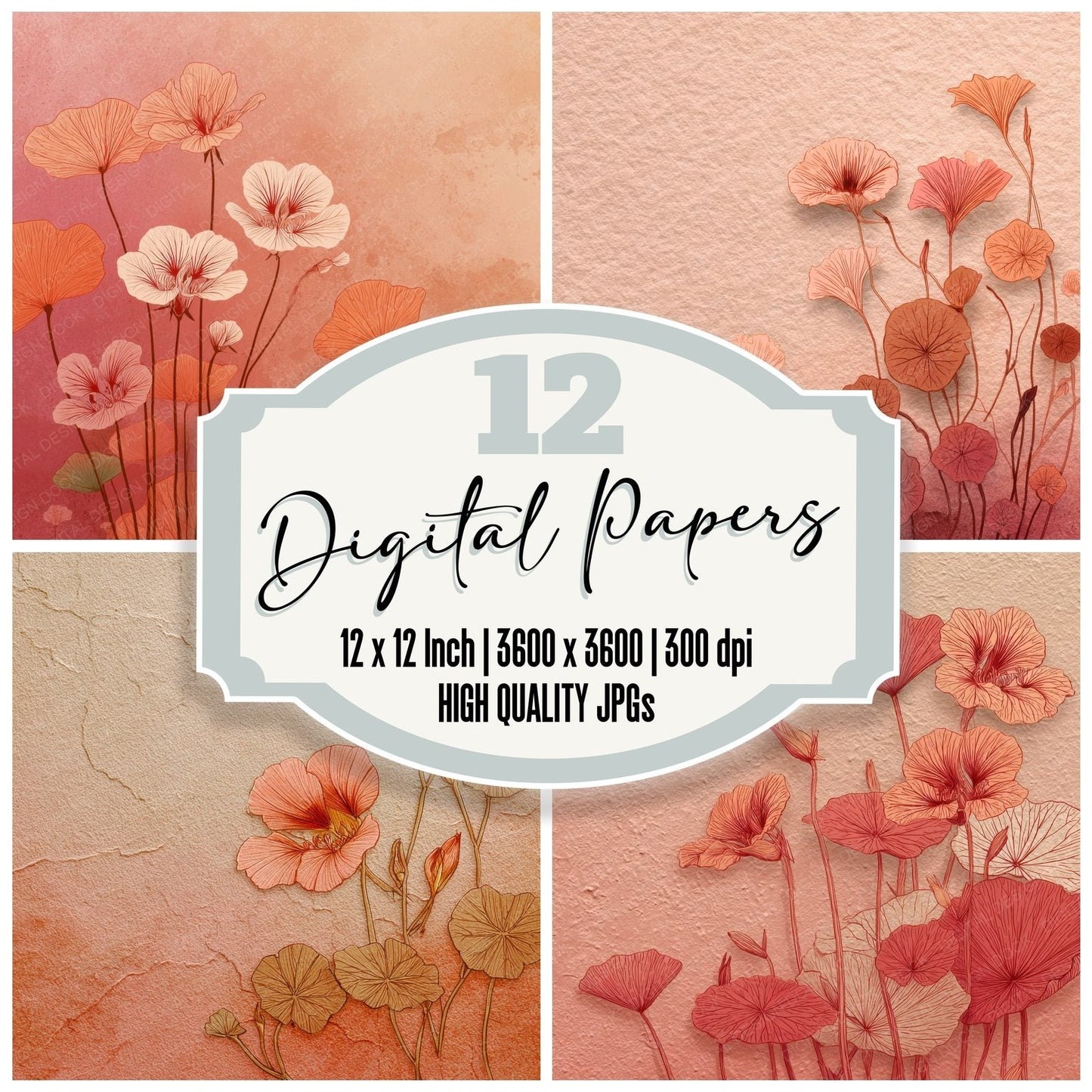 Coral Nasturtium Outline Background Digital Paper Pack (DDD000064)