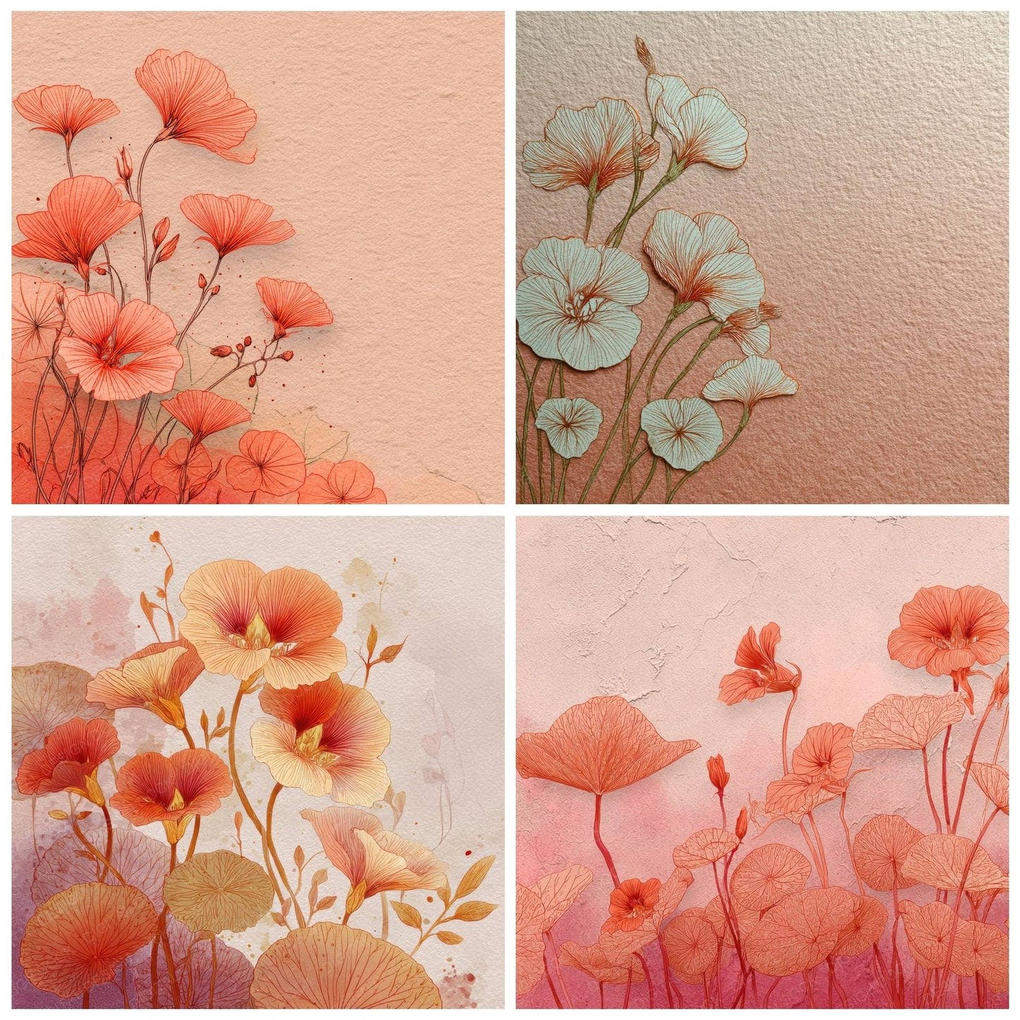 Coral Nasturtium Outline Background Digital Paper Pack (DDD000064)