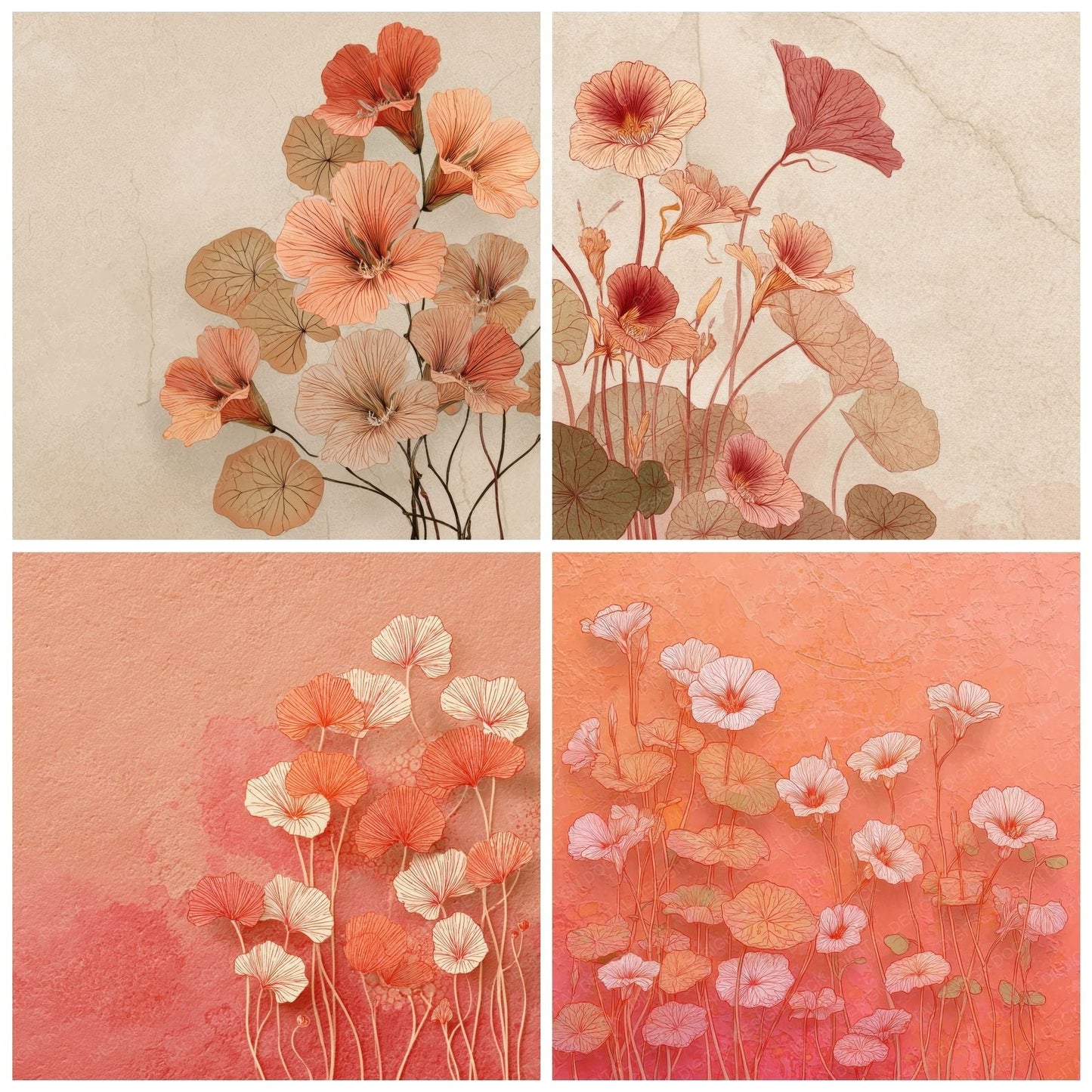 Coral Nasturtium Outline Background Digital Paper Pack (DDD000064)