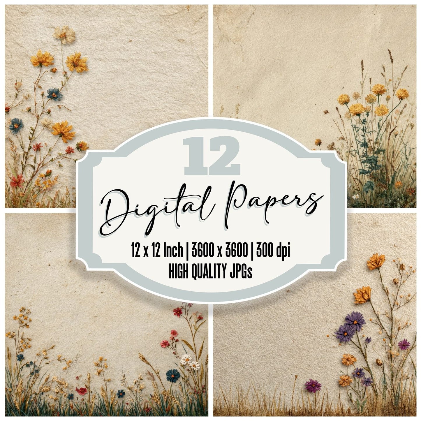 Cream Wildflower Base Background Digital Paper Pack (DDD000066)
