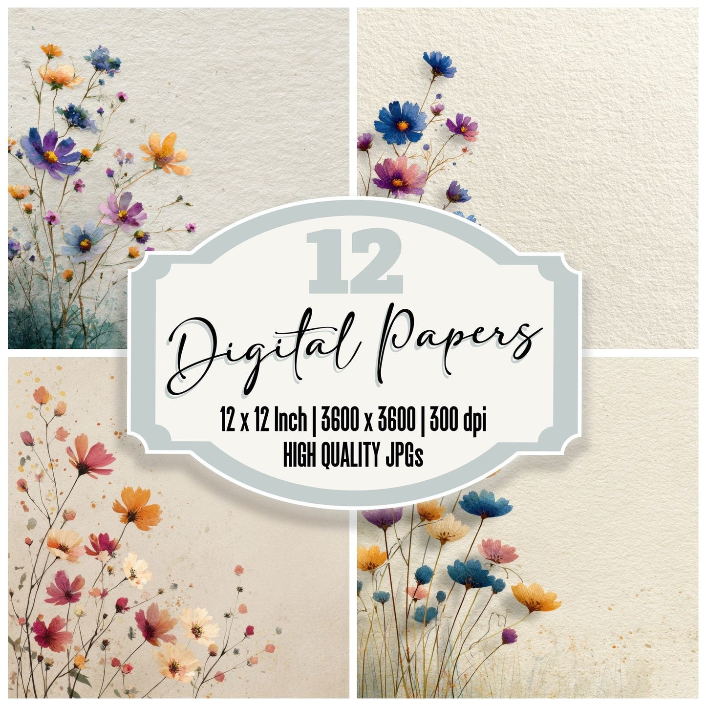 Cream Wildflower Sweep Background Digital Paper Pack (DDD000067)