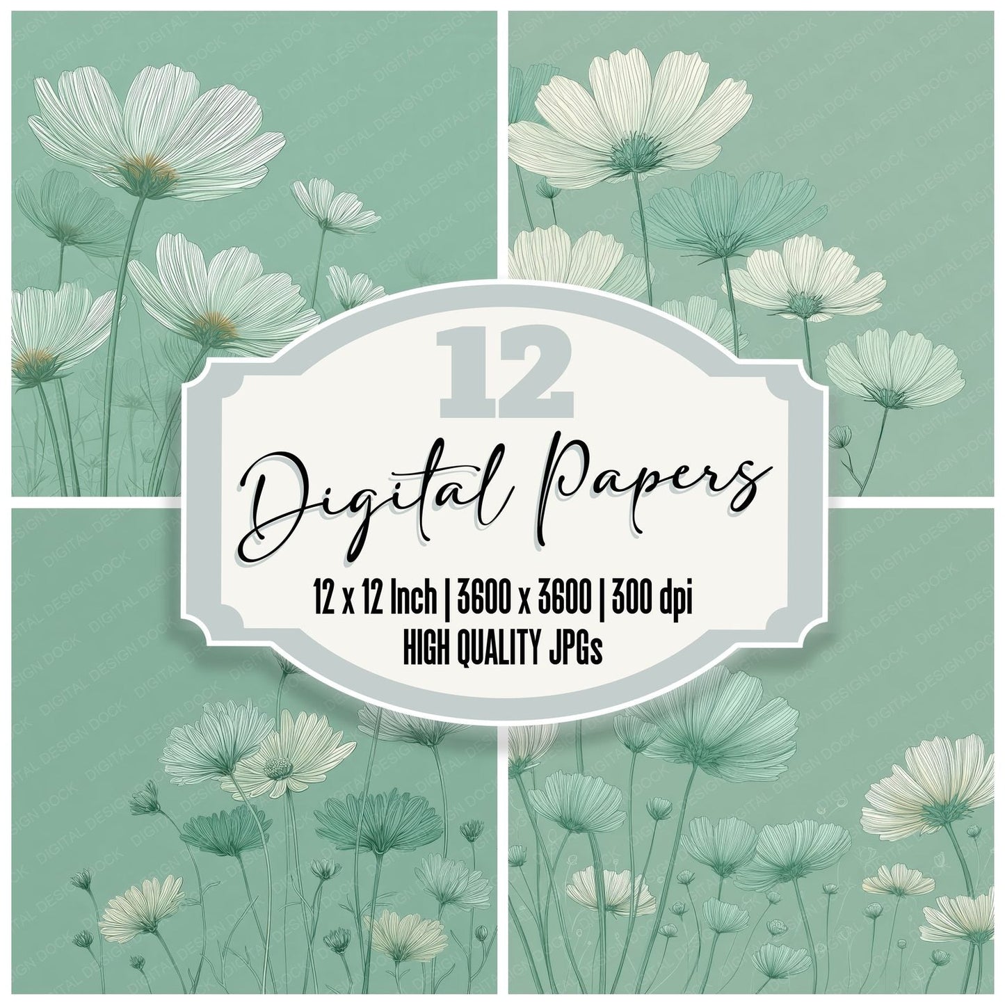 Green Layered Daisy Outline Background Digital Paper Pack (DDD000070)