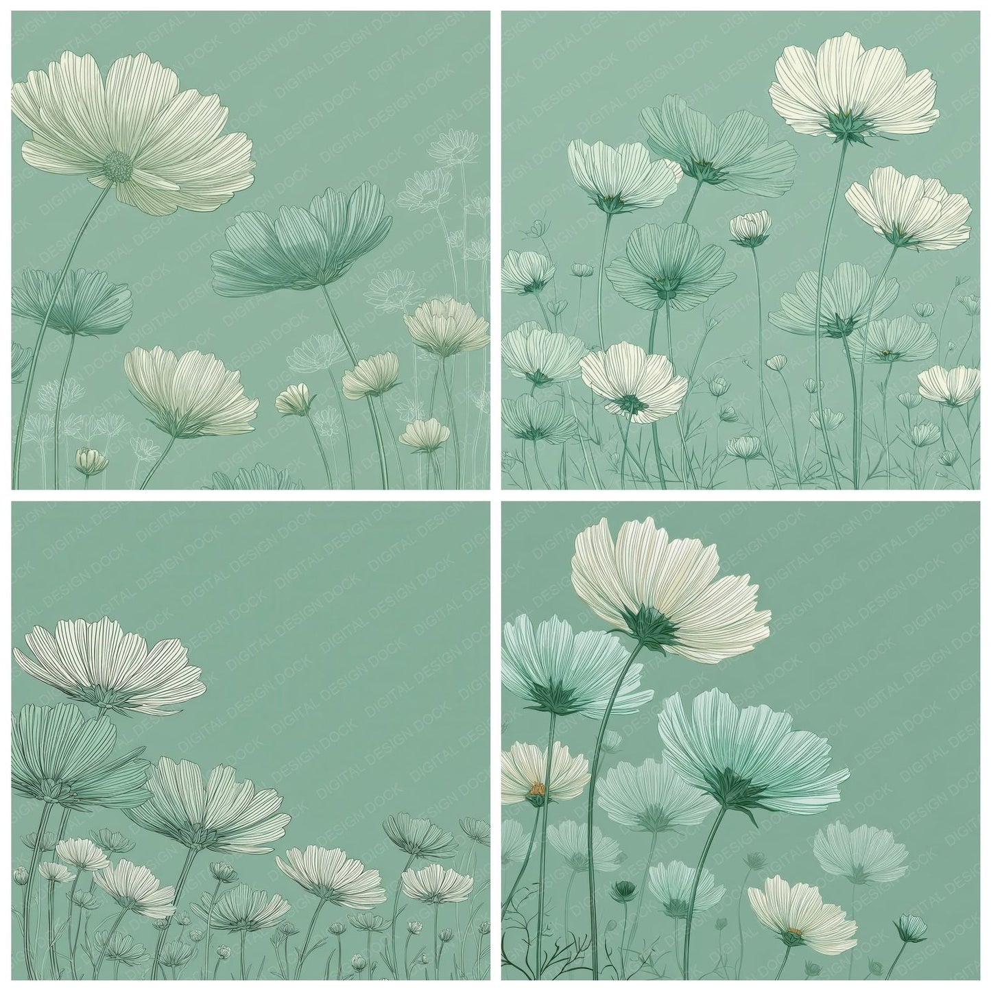Green Layered Daisy Outline Background Digital Paper Pack (DDD000070)