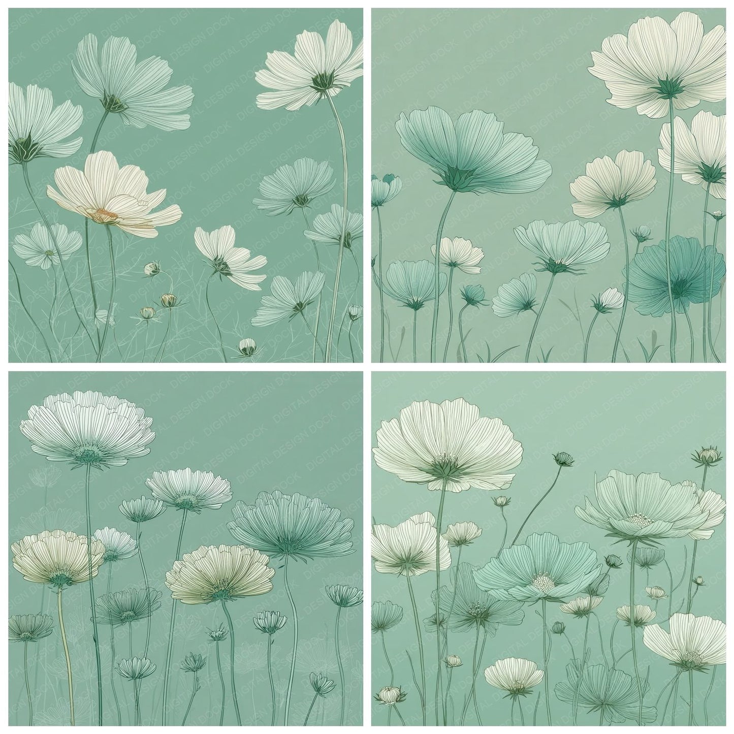 Green Layered Daisy Outline Background Digital Paper Pack (DDD000070)