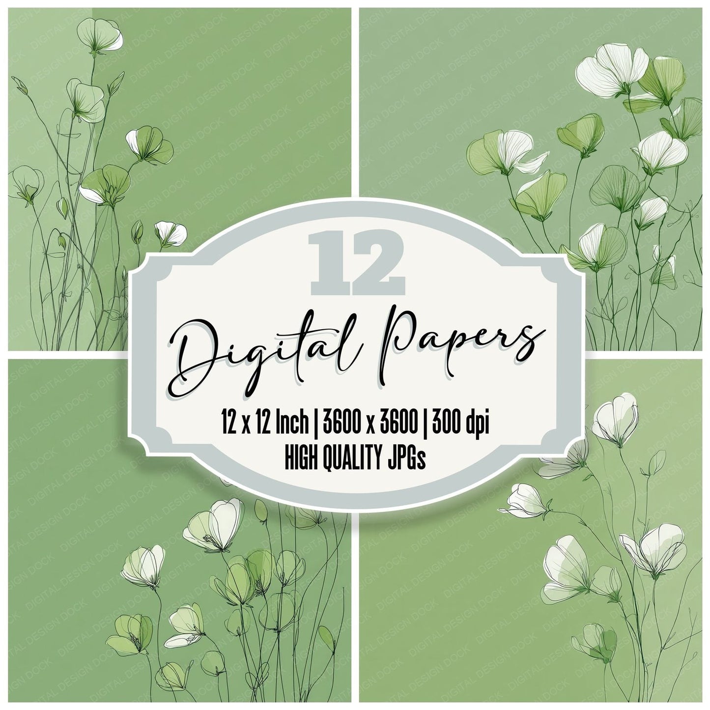 Green Sweetpea Sketch Background Digital Paper Pack (DDD000071)