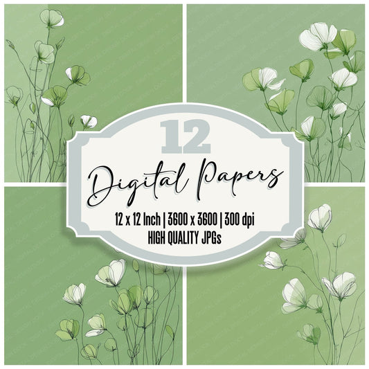 Green Sweetpea Sketch Background Digital Paper Pack (DDD000071)