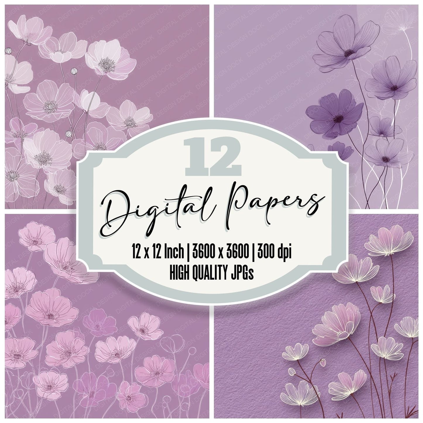 Lilac Anemone Outline Background Digital Paper Pack (DDD000072)