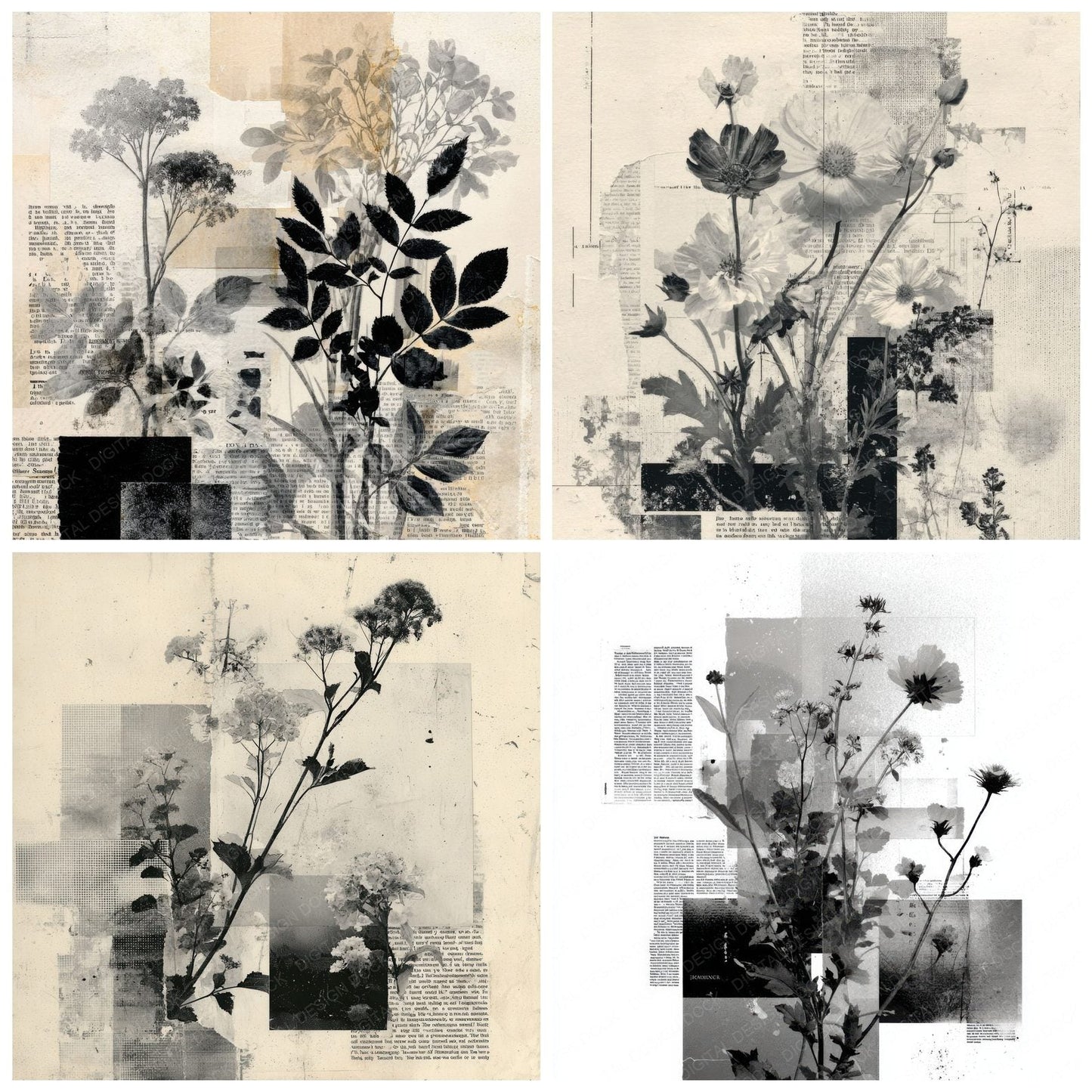 Black Zine Floral Collage Background Digital Paper Pack (DDD000081)