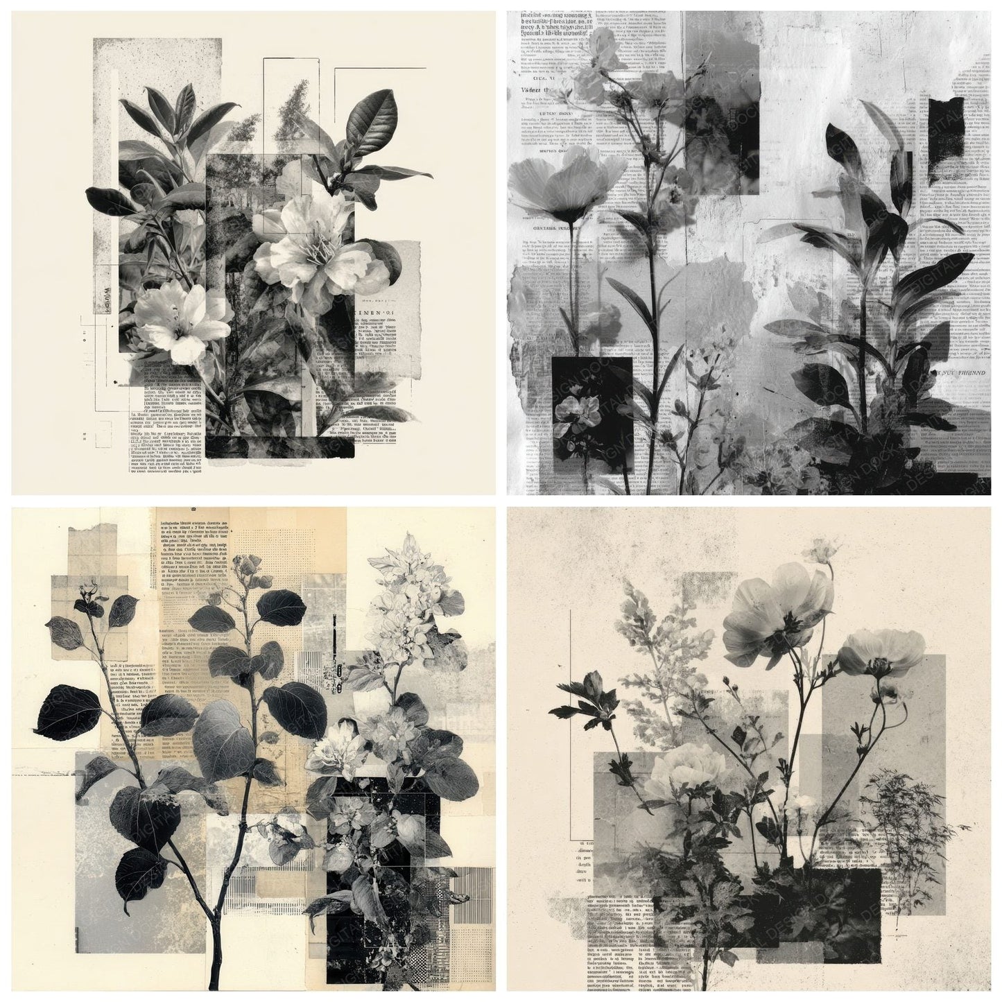 Black Zine Floral Collage Background Digital Paper Pack (DDD000081)