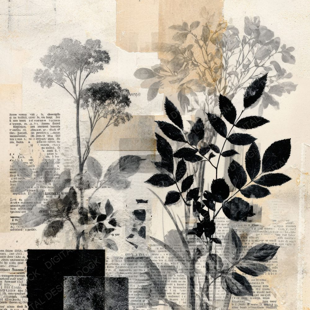Black Zine Floral Collage Background Digital Paper Pack (DDD000081)