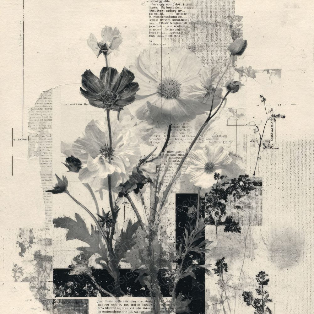 Black Zine Floral Collage Background Digital Paper Pack (DDD000081)