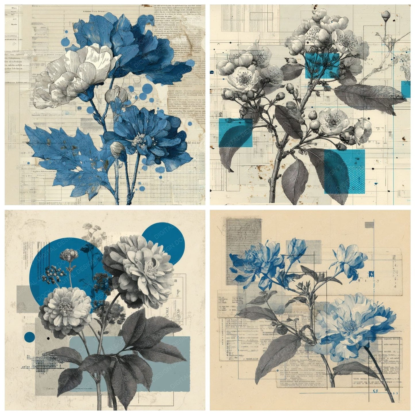 Blue Archive Floral Collage Background Digital Paper Pack (DDD000082)
