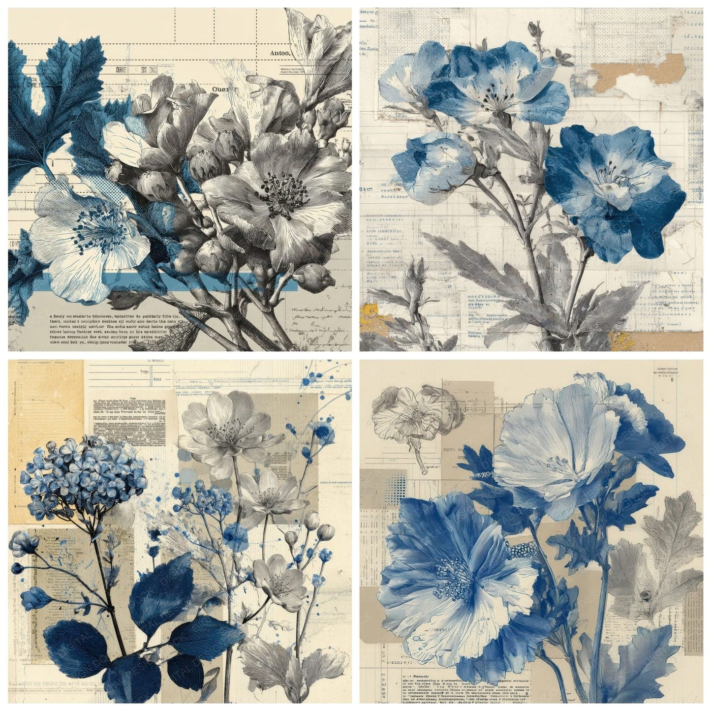 Blue Archive Floral Collage Background Digital Paper Pack (DDD000082)
