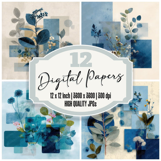 Blue Botanical Collage Background Digital Paper Pack (DDD000083)